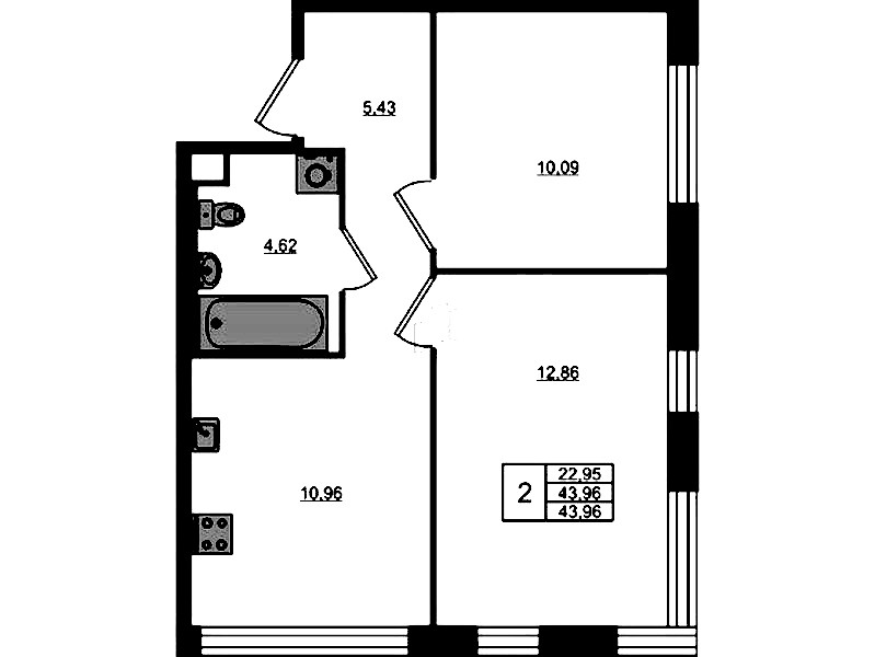 2-комнатная квартира 43.96 м², 1/5 эт., ЖК «Plus Пулковский»